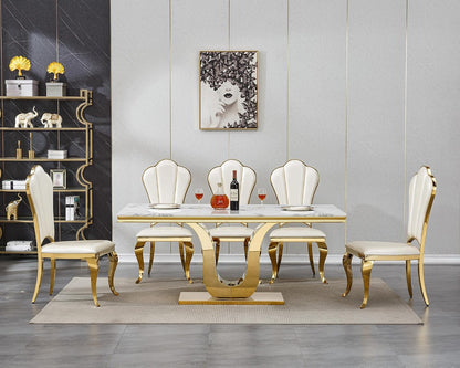White Marble Dining Table for 6 Modern Luxury Faux Marble Kitchen Table for 6, 68" Large Dining Room Tables with U-Shape Gold Stainless Steel Base