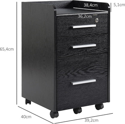 HOMCOM Office Desk Storage Cabinet on Wheels 3 Drawers 1 Lockable 1 Sorter File Folder Wooden Black