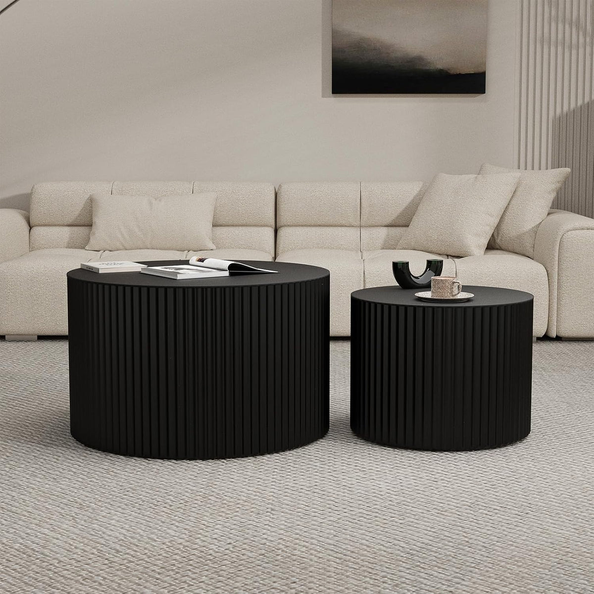Round Wood Coffee Table Set of 2 Modern Round Fluted Nesting Coffee Tables Handcrafted Wooden Circle Nesting Table for Living Room for Small Space (Black (D27.56+D19.69 inch))