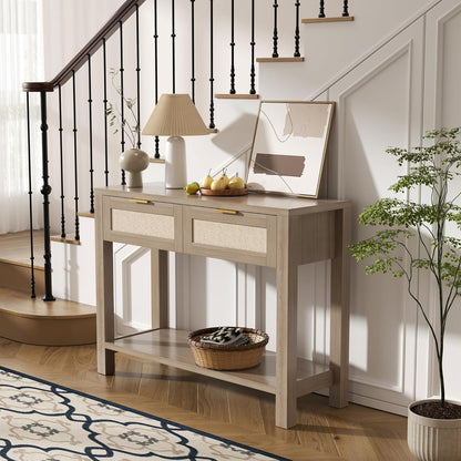 Boho Chic Console Table with 2 Rattan Drawers and Open Shelf Storage, Narrow Farmhouse Sofa Table for Small Space Entryway, Living Room,Hallway, Caramel Oak