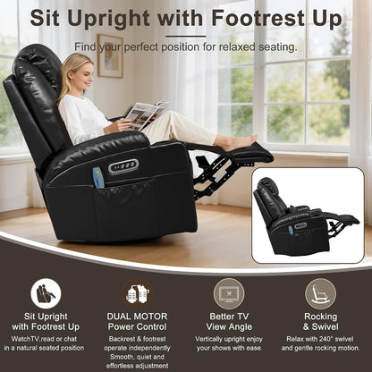 AHMED Dual Motor Power Swivel Rocker Recliner Chair, Faux Leather, Black | Electric Glider Rocking Chair, Massage & Heat, Cup Holders, LED Lights, USB A/USB C Ports