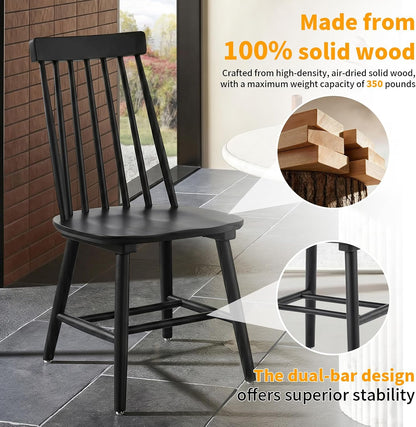 Black Wood Dining Chairs Set of 6, Windsor Farmhouse | Spindle Back, Solid Wood, Farmhouse Style, for Kitchen & Dining Room, Easy Assembly, Set of 6 Black, Country Decor