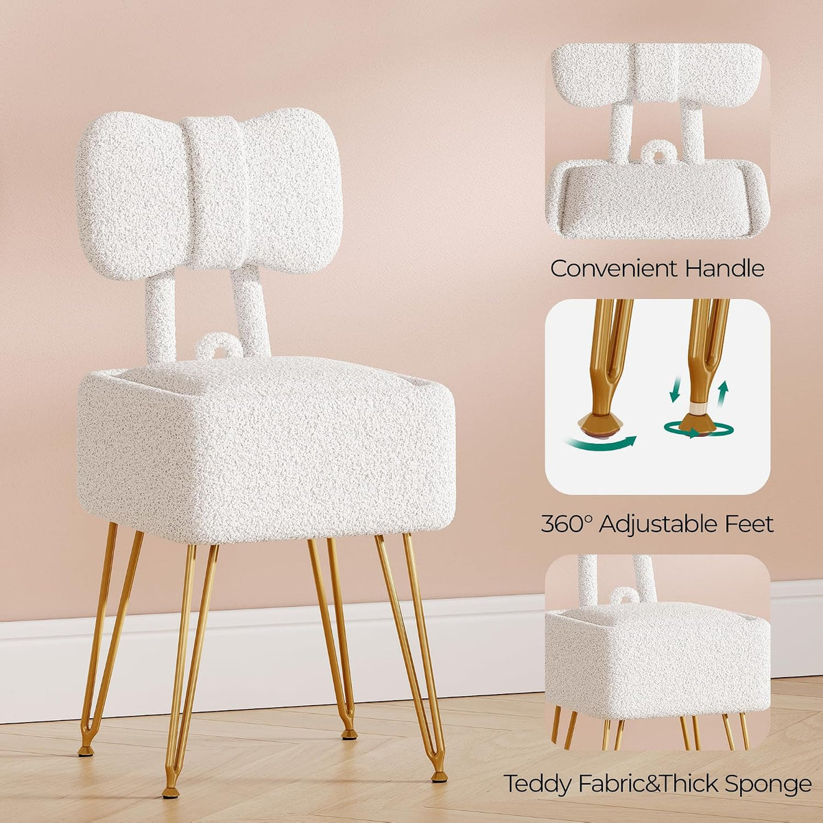 Small Vanity Chair with Storage, Vanity Stool with Folding Back, Chair for Vanity, Footrest Footstool Ottoman, Teddy Fleece Vanity Stool for Makeup, Bedroom, Living Room, White