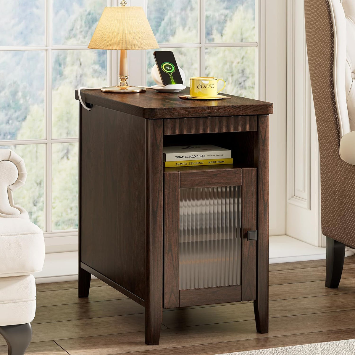 iPormis End Table with Charging Station, Narrow Side Table for Living Room, Farmhouse Night Stand with Storage Cabinet, Wood Bedside Table for Bedroom Small Space, Walnut