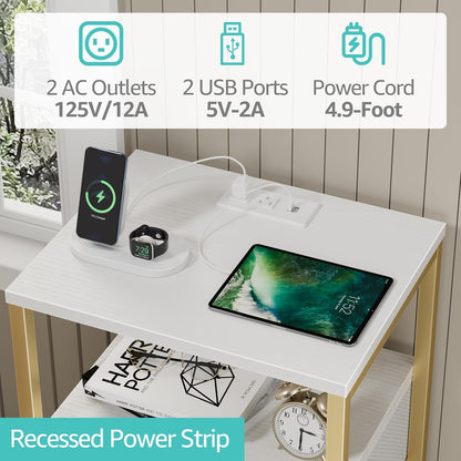 BOLUO Gold Nightstand with Charging Station, LED Night Stand with 2 Fabric Drawers, Bedside Table with USB Ports and Outlets, Nightstand for Bedroom Modern