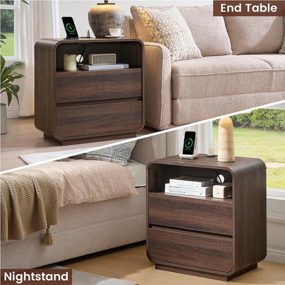 Standifurno Modern Walnut Nightstand, 25" Tall Wooden Bedside Table with Charging Station, 2 Storage Drawers Side Table Curved Profile, Handleless, Large End Table Night Stand for Bedroom, Office