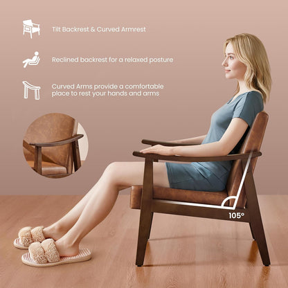 Yaheetech Accent Chair, Mid-Century Armchair with High Back Brown | Faux Leather Chair with Solid Wood Legs, Cozy Reading Leisure Chair for Living Room, Bedroom, Waiting Room