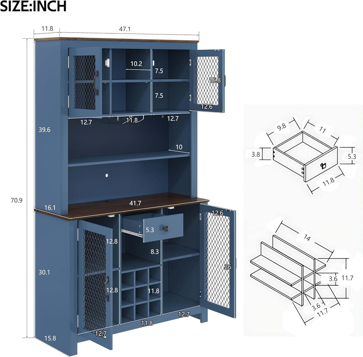 71” Kitchen Pantry with Microwave Shelf & Charging Station, LED Lighting Bar Hutch Cabinet with Storage Doors & Shelves, Glass Holders, Wine Rack, Wooden Structure (Navy Blue)