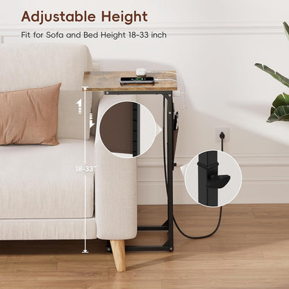 Vagusicc C Shaped End Table with Charging Station, Adjustable Height Side Table for Couch, Small Sofa Table with Storage Bag, Slide Under Sofa TV Tray Snack Arm Tables for Living Room, Bedroom, Brown