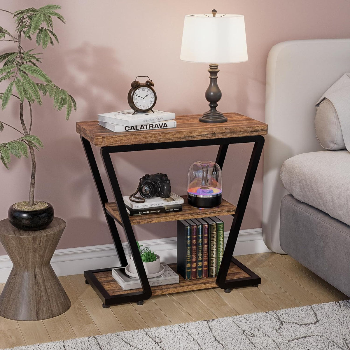 Narrow End Table for Small Spaces, 3-Tier Sofa Side Table with Storage Shelf, Wood and Metal Nightstand for Living Room Bedroom, Rustic Brown