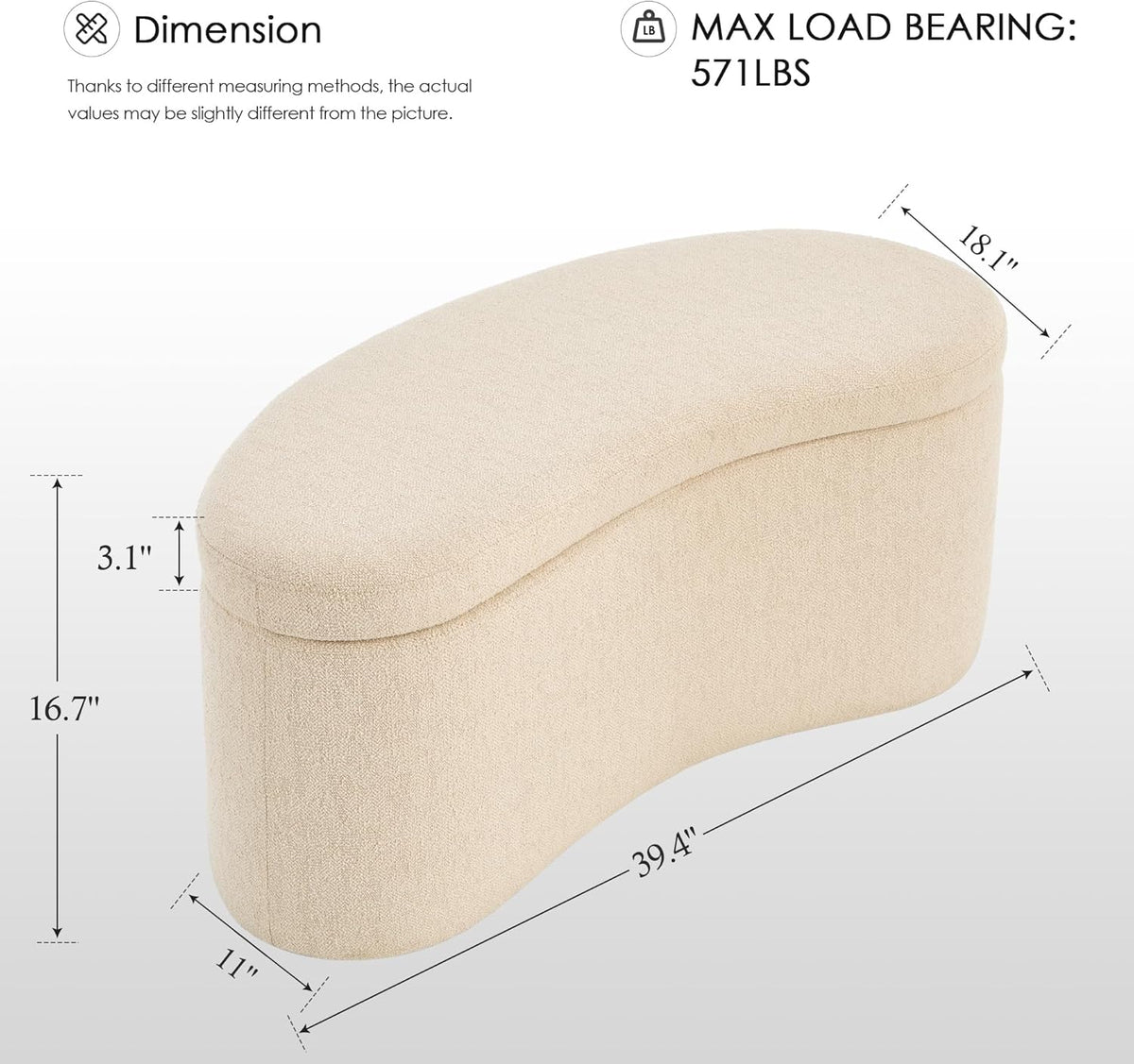 Zesthouse Storage Bench for Bedroom End of Bed, 39.4" Small Curved Entryway Ottoman Bench, Beige Linen Fabric Bench Seat for Living Room Hall Mudroom, Modern Upholstered Coffee Table Crescent Shape