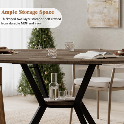 MECHYIN 42"-58" Extendable Round Dining Table for 4-6,with Storage Shelf | Space‑Saving Modern Oval Dining Table, Built‑in Flip Leaf, Sturdy Metal Legs, for Kitchen & Dining Room,Small Apartments