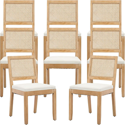 French Country Dining Chairs Set of 8, Beige Modern Kitchen & Dining Room Chairs, Rattan Dining Chair with Linen Upholstered Cushion, Low Cane Back, Wood Legs, Sillas de Comedor (Beige, 8 Pcs)
