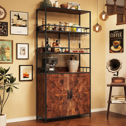 71" Tall Bar Cabinet with Wine Rack & Storage Shelves, 3-Tier Freestanding Backers Rack with Barn Door, Metal Structure Coffee Bar Table for Kitchen Dining Room, Retro Color