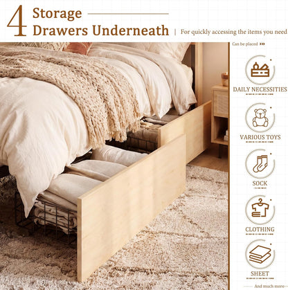 Brafab Natural Rattan King Bed Frame with Headboard, 4 Storage Drawers