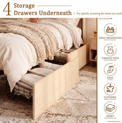 Brafab Natural Rattan Queen Bed Frame with Headboard, 4 Storage Drawers