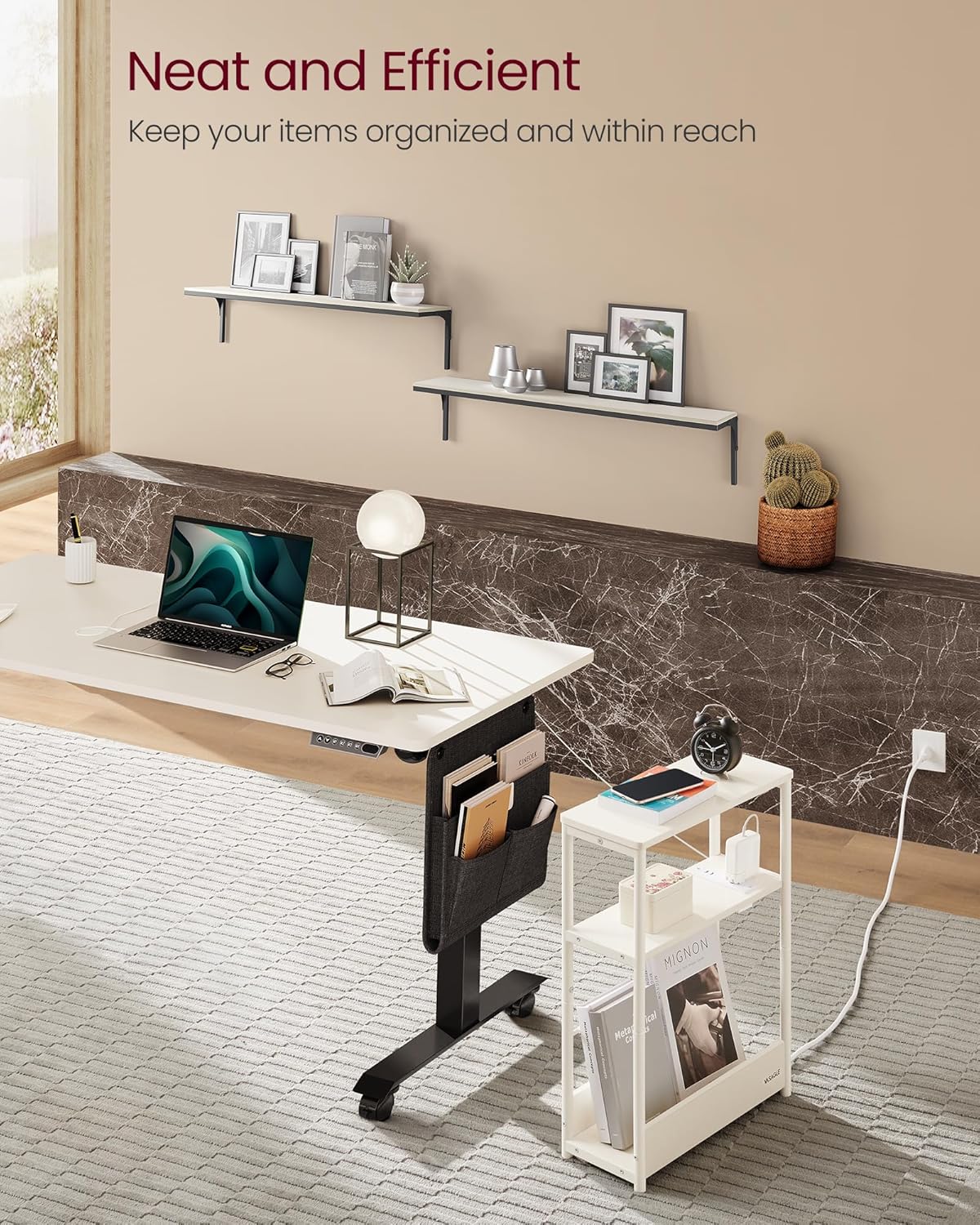 VASAGLE Side Tables with Charging Station, Set of 2 Narrow End Tables, 3-Tier Nightstands, Sofa Tables for Small Spaces, for Living Room, Bedroom, Study, Cream White ULCT664W01