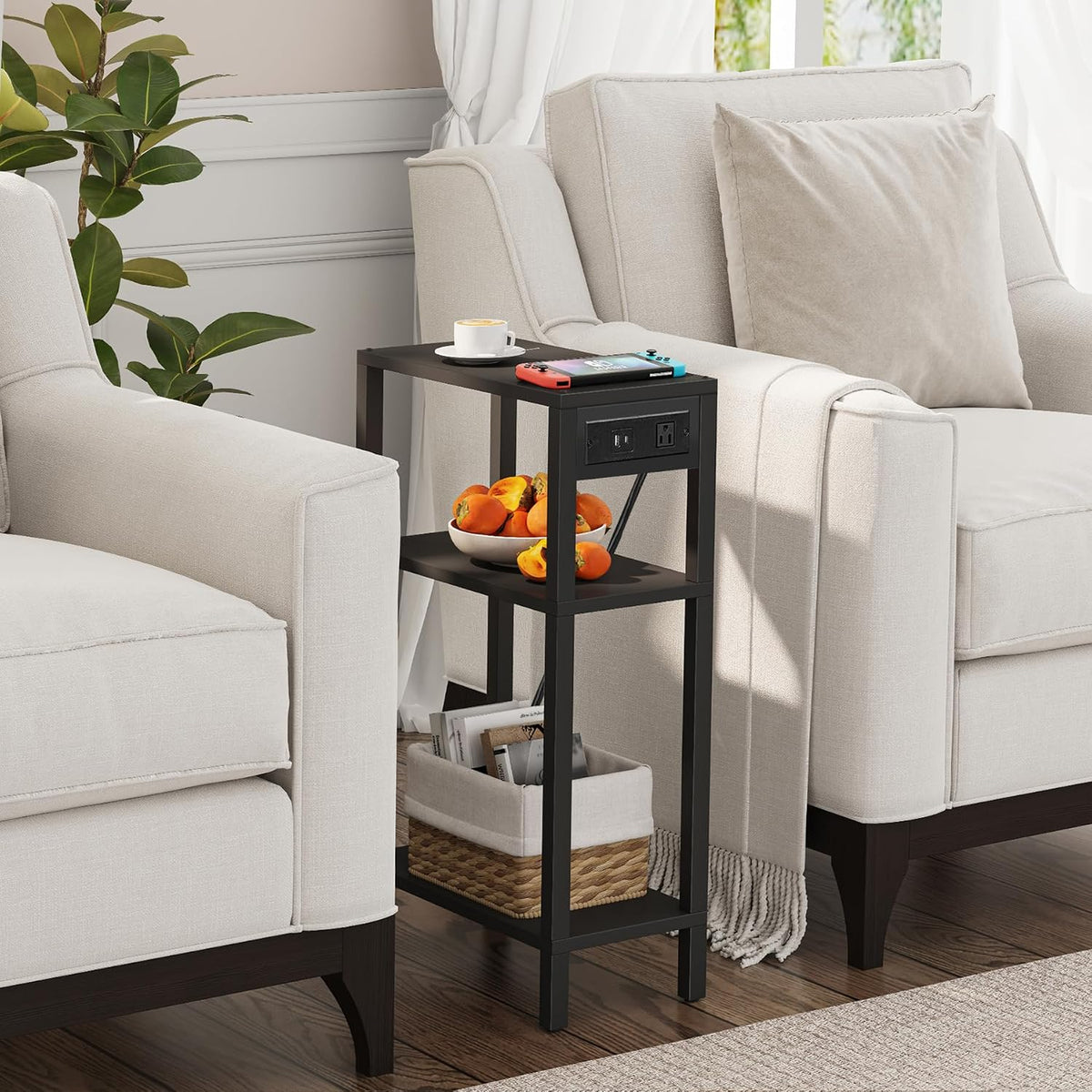 TUTOTAK Narrow Side Table, 3-Tier Small End Table with Charging Station | Skinny Sofa Table, Slim Nightstand, Easy Assembly for Living Room, Bedroom, Black TB01BK079