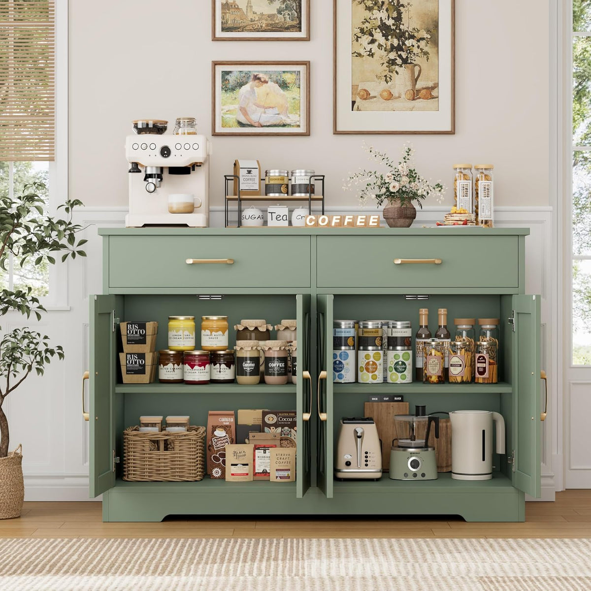 HOSTACK Buffet Cabinet with Storage, 47.2" Kitchen Sideboard Buffet with Drawers, Modern Farmhouse Coffee Bar Station with Shelves, Barn Doors Storage Cabinet for Living Room, Green
