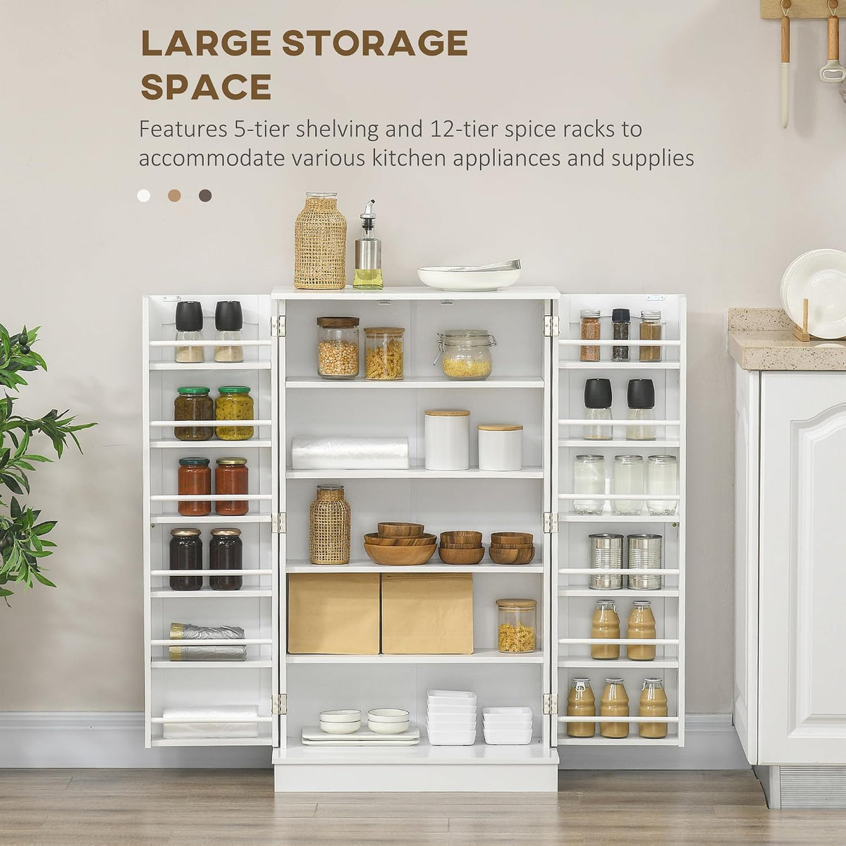 HOMCOM 41" Kitchen Pantry Storage Cabinet, Freestanding Kitchen Cabinet with 12 Door Shelves, Double Doors, 5-Tier Shelving and Adjustable Shelves, White