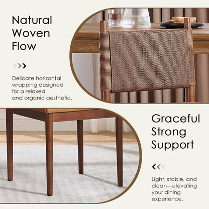 CIMOTA Brown Leather Dining Chairs Set of 2, Mid Century Modern Upholstered Dining Room Chairs with Woven Back, Armless Kitchen Chairs with Walnut Solid Wood Legs, PU