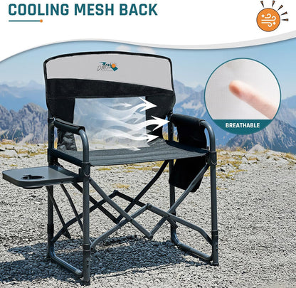 DMH OUTDOORS Camping Directors Chair with Side Table & Breeze Mesh Backrest | Oversized Heavy Duty Lawn Chairs with Pocket, 1-Step Setup Portable Folding Camp Chair for Beach, Sports, Fishing, Tailgating