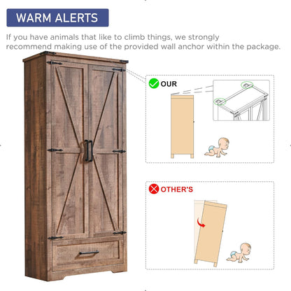 Farmhouse Kitchen Pantry Cabinet - 72" Tall Wood Kitchen Storage Cabinets with Adjustable Shelves & 2 Barn Doors & Drawer, Versatile Storage for Dining Room, Bathroom, Utility Room, Light Brown