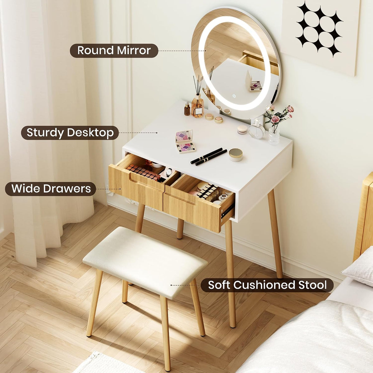 Small Vanity Desk with Mirror and Lights, Wooden Handles with Cushioned Stool, 3 Lighting Modes Round Makeup Table with Upgraded Silent Slides, Compact Vanity for Small Spaces, Natural Oak