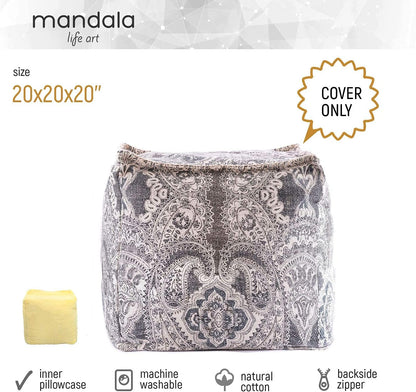 Mandala Life Art Pouf Ottoman - 20x20x20" - Foot Rest Stool - Gray Cube