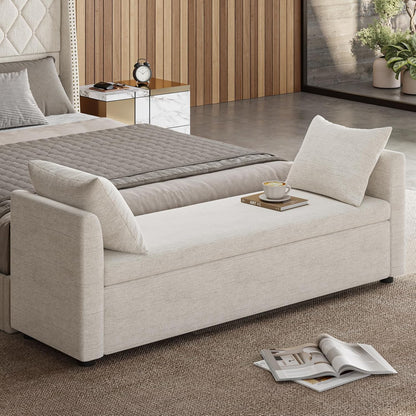 59.5" Modern Storage Ottoman Bedroom Bench, End of Bed Bench with Throw Pillows and Arms, Footrest Stool for Living Room, Dining Room, Entryway and Hallway, Linen
