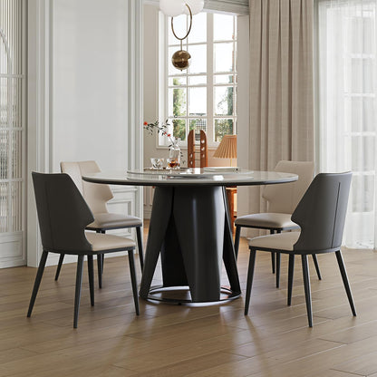 Montary 59" Modern Round Dining Table, Turntable Faux Marble Kitchen Table with Lazy Susan, Sintered Stone Tabletop Dining Room Table for 6-8 Person, with Black Metal Pedestal