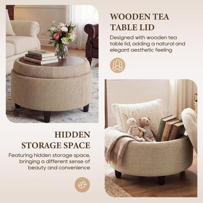 COLAMY Fabric Round Storage Ottoman with Reversible Tray Lid – Multi-Functional Footrest, Hidden Storage, Sturdy & Stylish Small Coffee Table for Living Room, Bedroom, or Entryway(Camel)