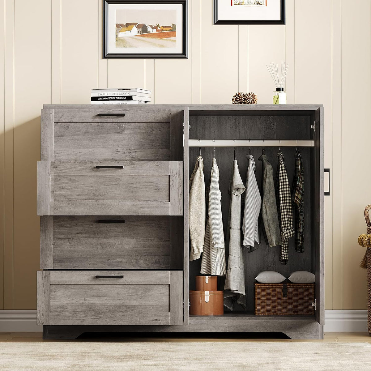 IDEALHOUSE 43.3'' H Armoire Wardrobe Closet with 4 Drawers and 2 Doors, Hanging Rod, Multifunctional Wooden Dresser with Storage Closet, Bathroom Cabinet for Bedroom, Gray