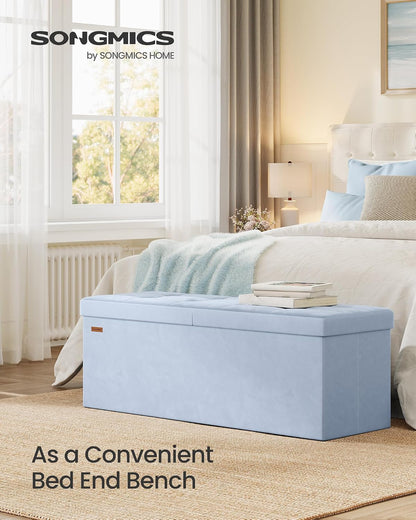 SONGMICS Foldable Storage Ottoman with Flipping Lid, 43.3 Inch Velvet Bench | Coffee Table, Folding Storage Bench for Bedroom, Entryway Shoe Bench, Pale Blue, MINOTA Collection ULSF078QQ03