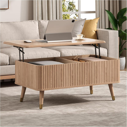 Lift Top Coffee Table with Storage, Mid Century Modern Coffee Table with Solid Wood Legs, 38" Minimalist Fluted Center Table for Living Room, Home Office, Natural Oak