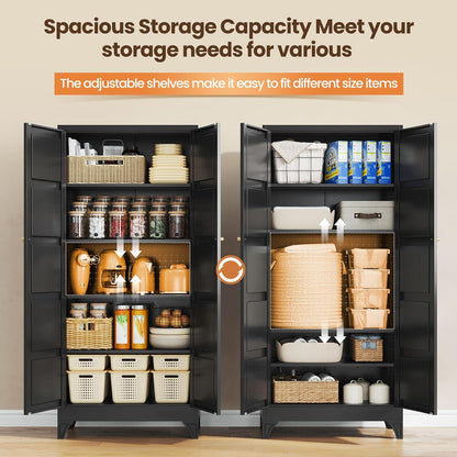 Yizosh Metal Pantry Cabinet,- 72" Black Kitchen Pantry Storage Cabinet with Doos and Adjustable Shelves for Kitchen, Living Room,Dining Room,Home