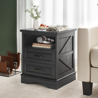 Fluest 24" Tall Farmhouse Nightstands Set of 2, Night Stands with Fast Charging Station, Beside Tables with Drawers and Open Storage, Rustic End Tables for Bedroom, Antique Black