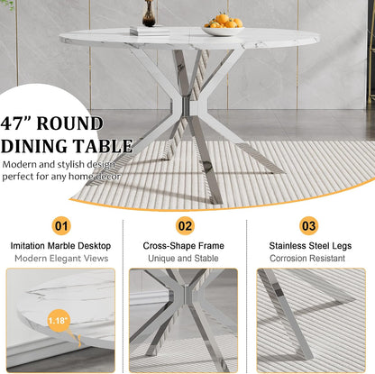 Round Faux Marble Dining Table for 4-6 Modern 47.2" Kitchen Table with Silver Stainless Steel Cross Legs Circle Dinner Table for Dining Room Living Room Apartment