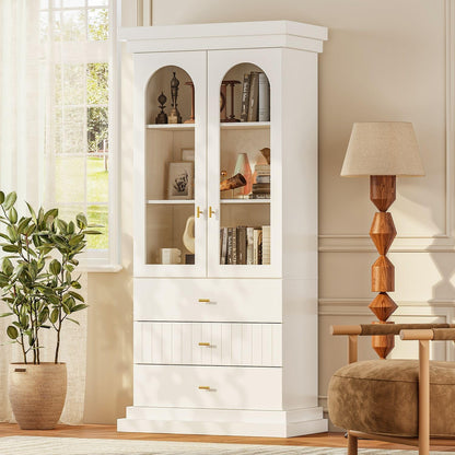 ivaniti 71" Arched Kitchen Pantry Cabinet, Tall Display Modern Storage Combination for Living Room and Dining Room with Dual Glass Door and Open Shelf Cabinets, White with Gold Handles, 3 of Set