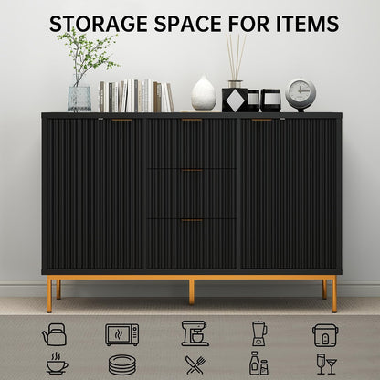 Fluted Sideboard Buffet Cabinet, Modern 47" Buffet Table with Storage, 2 Doors 3 Drawers and Adjustable Shelf, Coffee Bar Cabinet Credenza for Kitchen, Dining Room, Living Room, Black