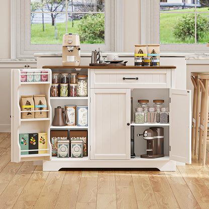 Kitchen Coffee Bar Cabinet with Storage, Sideboard Buffet with Drawers, Shelves and Door, Short Pantry Cabinet for Bathroom or Living Room, White Rustic