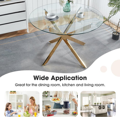 Round Glass Dining Table Set for 4, Small Kitchen Table Set for 4, 47" Circle Glass Dinner Table and Blue Velvet Chairs Set of 4,5 Piece Round Dining Room Table Set for Dinette Breakfast Cafe Party