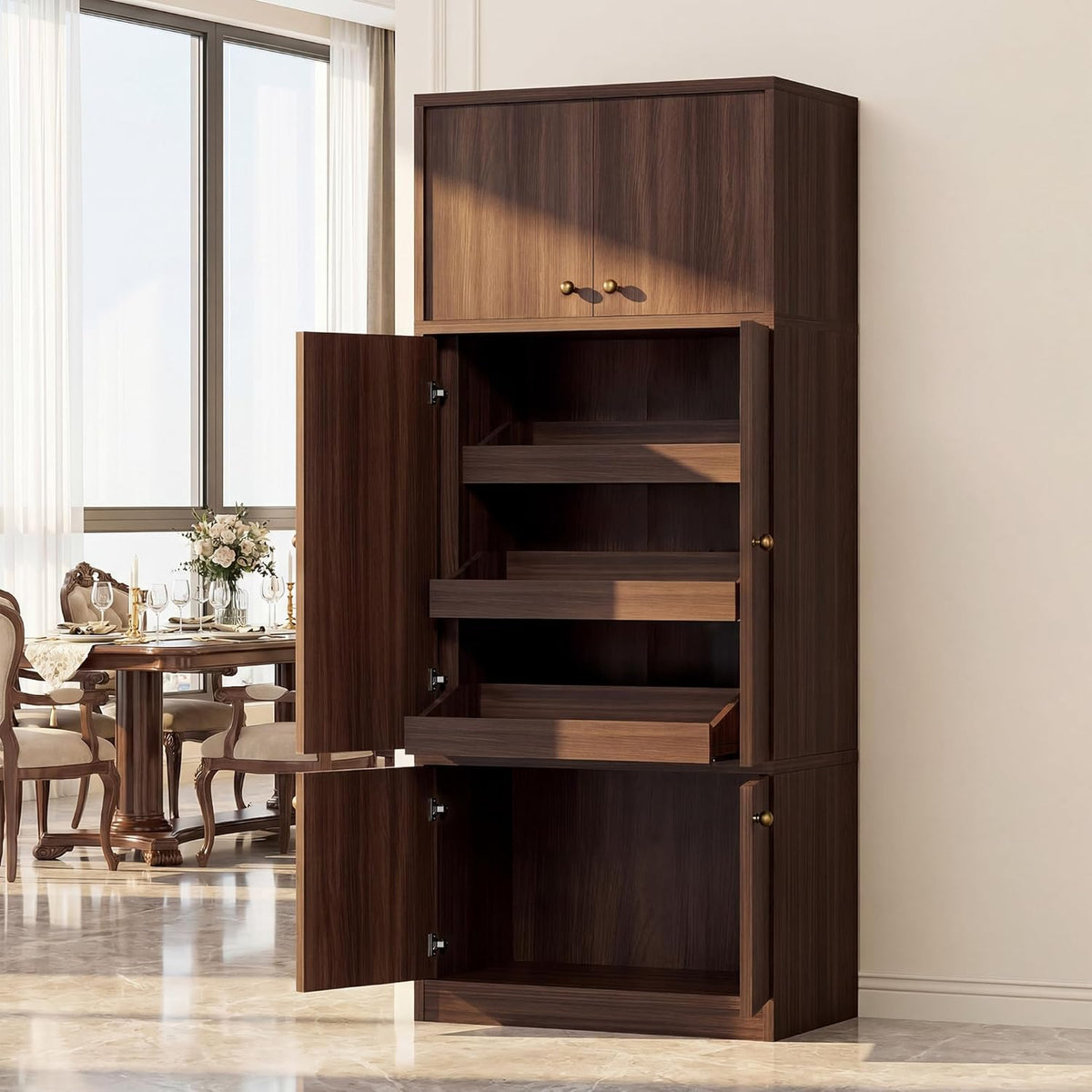 Tall Kitchen Pantry Cabinet 71 Inch, Freestanding Storage Cabinet with Doors and Adjustable Shelves, E1-Grade Wood, Walnut Finish for Kitchen Pantry Storage