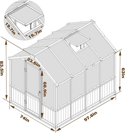 6x8 FT Greenhouse Kit for Outdoor, 6MM Thick Polycarbonate Panel Wooden Walk-in Green House with Lockable Door and Adjustable Roof Vent, Backyard Garden, Light Mocha Brown