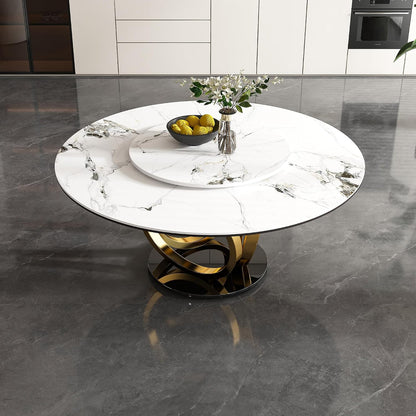 Leavader 59" Round Sintered Stone Dining Table with 31.5" Detachable Turntable Design, Modern White Artificial Dining Room Table for 6-8 (White & Golden 2)
