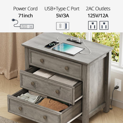 LGHM Set of 2 Large Nightstand with Charger Station, 27" W Night Stand with 3 Large Drawers, Accent Small Dresser Bed Side Table, Stable Thick Wood Legs, Timeless Look,Gray