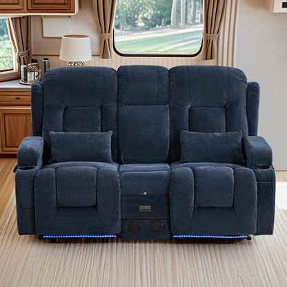 TUNYI Wall Hugger Power Loveseat Recliner - RV Reclining Loveseat with Console Theater Seating RV Recliner Sofa with USB/Outlet//Cup Holder/LED Light/Side Pocket (Dark Blue, Loveseat)