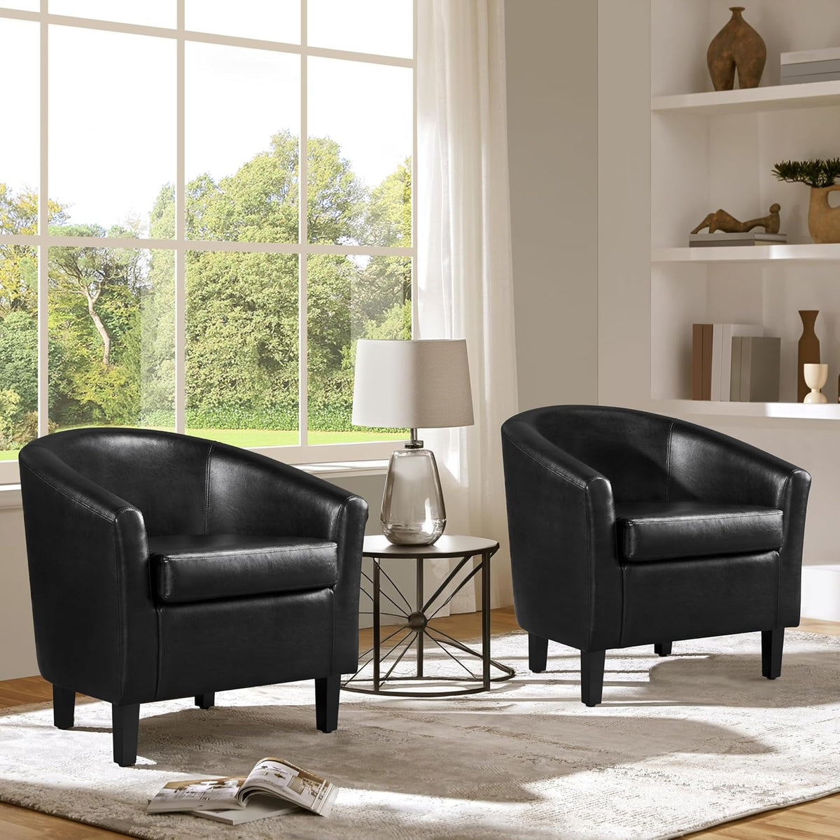 Yaheetech Barrel Chairs Set of 2, Faux Leather Club Armchairs, PU Leather Accent Chairs with Soft Padded Seat for Living Room Bedroom Waiting Reading Room, Black