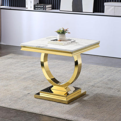 Modern Luxury Faux Marble End Table with Polished Gold Stainless Steel Base Square White Marble Side Table Elegant Small Bedside Table for Living Room Bedroom Office
