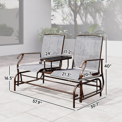 Outsunny Outdoor Glider Bench with Center Table Metal Frame Armrests Gray | Patio Loveseat, Breathable Mesh Fabric, for Backyard Garden Porch